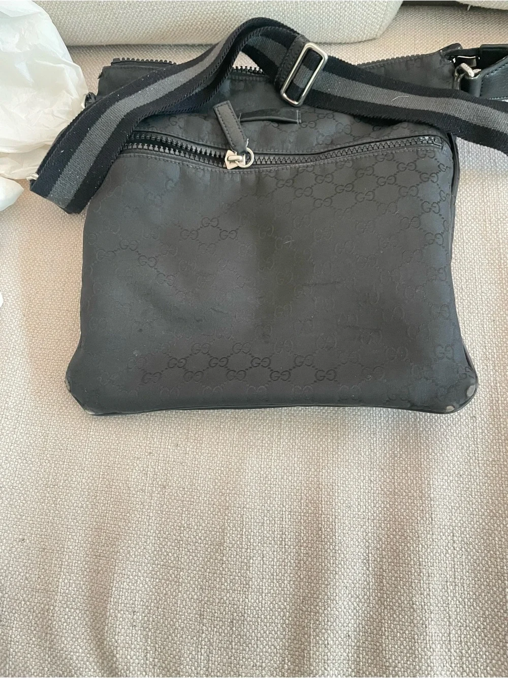 Gucci Black Monogram Crossbody Messenger Bag with Striped Strap